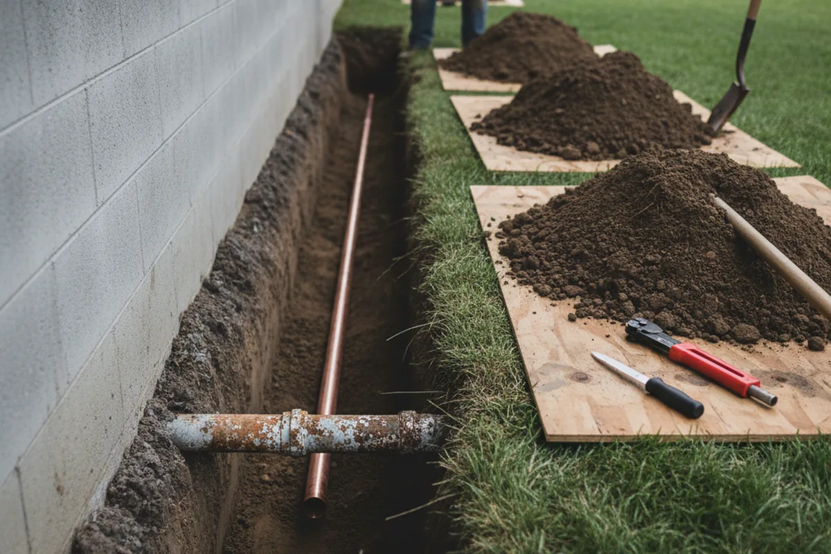 Excavated water line trench during Sewer Line Repair in Whitt